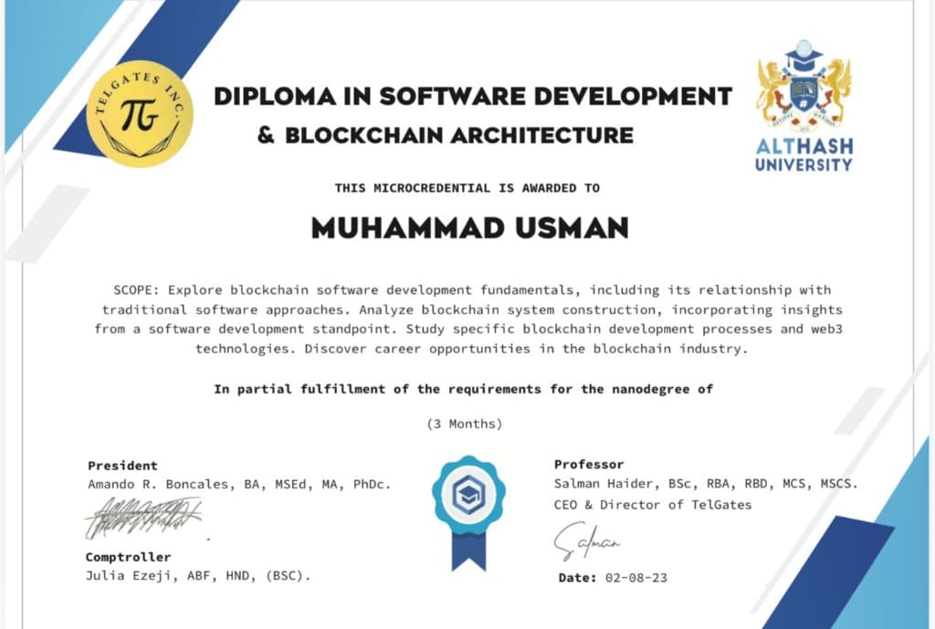 TelGates Blockchain Academy Certificate Sample